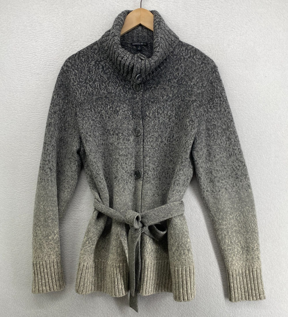 LAFAYETTE 148 Sweater L Merino Wool Ombre Cardigan Button Up Tie Belt Gray